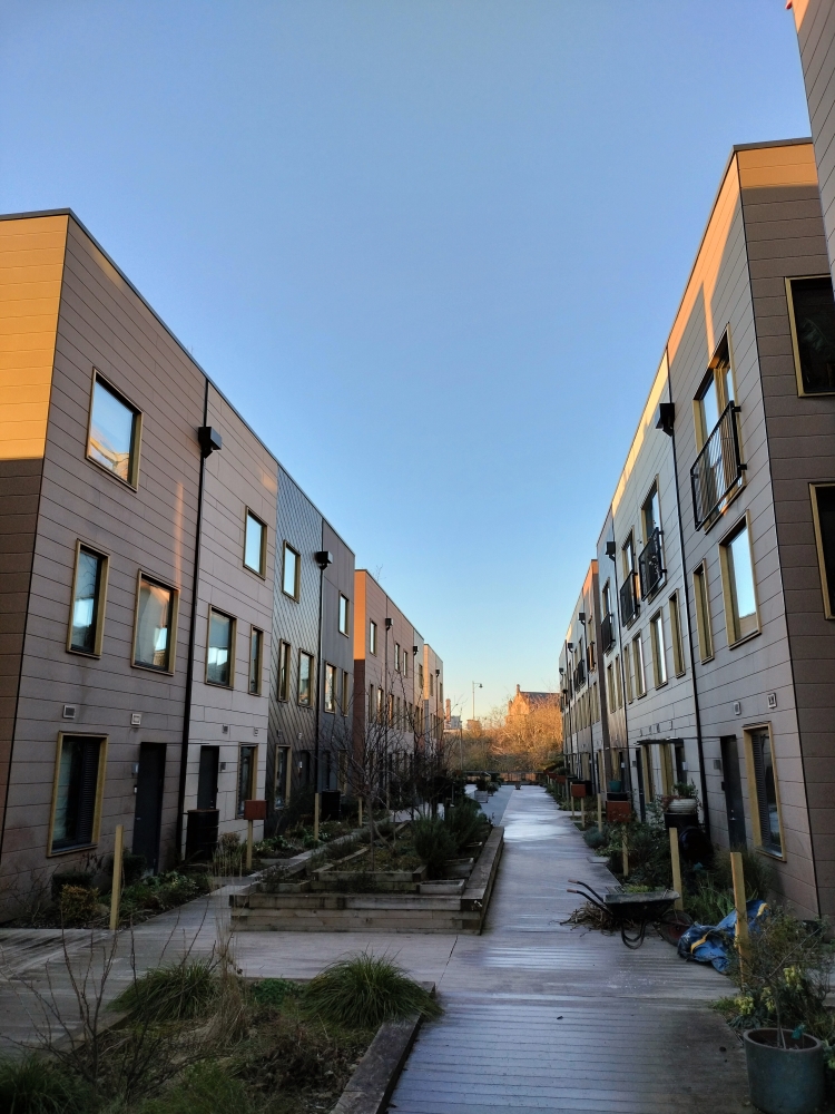 Street scene at the Climate Innovation District development, Leeds.